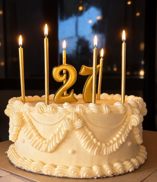 White piped birthday cake with gold candles and a 21 topper
